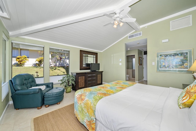 bedroom featuring vaulted ceiling with beams, ceiling fan, and light tile patterned flooring