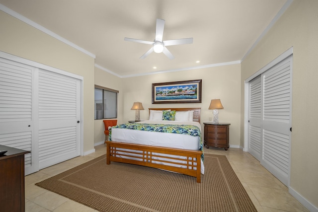 tiled bedroom featuring ceiling fan and ornamental molding