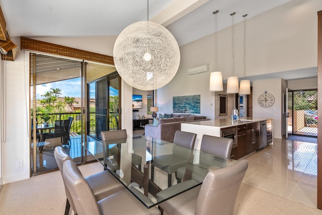 dining room featuring light tile patterned flooring, lofted ceiling with beams, a wall unit AC, and sink