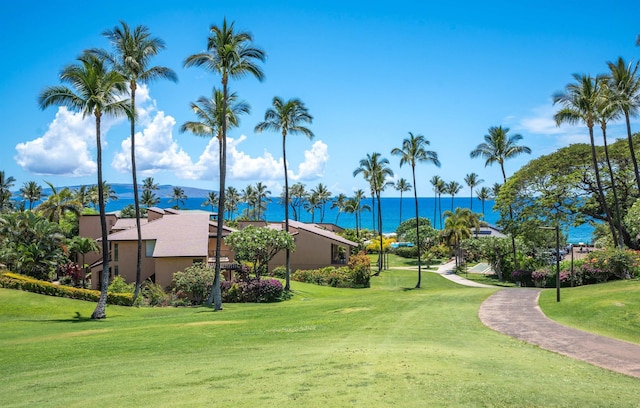 surrounding community with a lawn and a water view