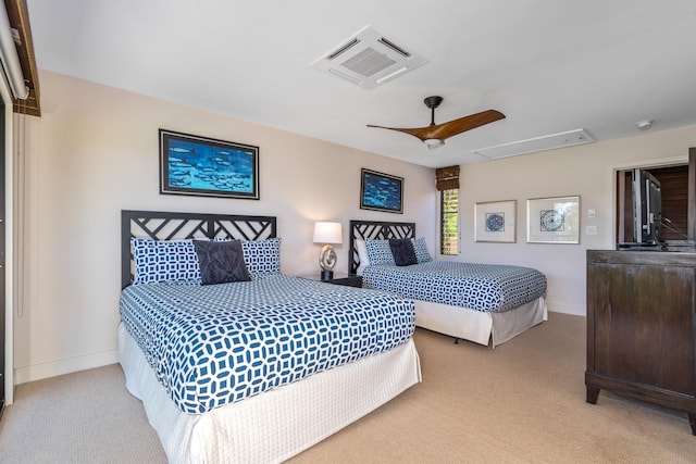 bedroom with light carpet and ceiling fan