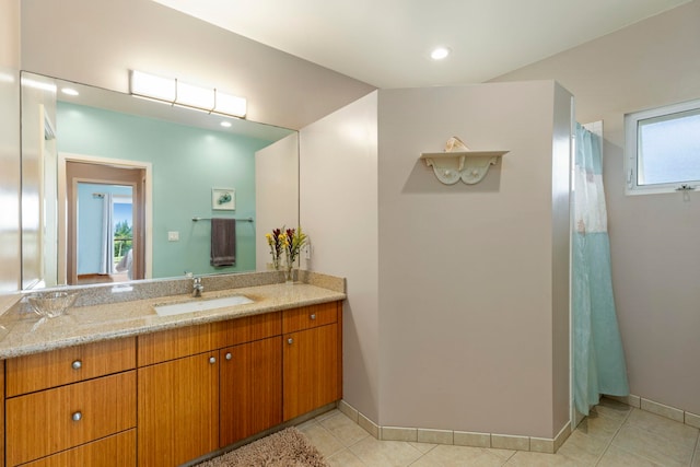 50 Uakoko Pl, Haiku, HI 96708 - bathroom with vanity, tile patterned floors, baseboards, and curtained shower