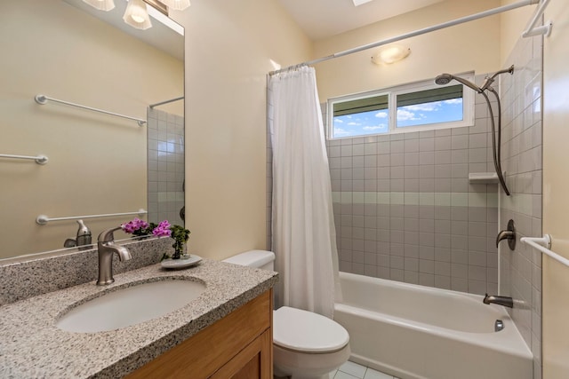 full bathroom featuring vanity, toilet, and shower / bathtub combination with curtain