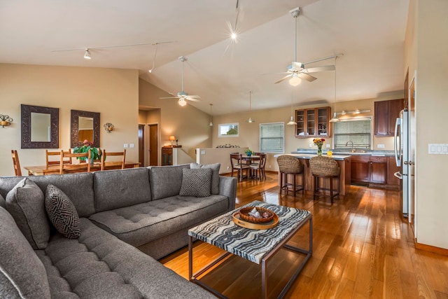 living room with ceiling fan, sink, hardwood / wood-style floors, track lighting, and vaulted ceiling