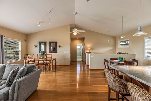 interior space featuring ceiling fan, rail lighting, vaulted ceiling, and hardwood / wood-style flooring