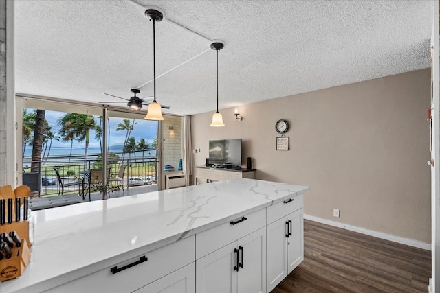 1993 S Kihei Rd Unit 308, Kihei, HI 96753 - kitchen featuring a textured ceiling, a ceiling fan, decorative light fixtures, white cabinets, and dark wood-style flooring
