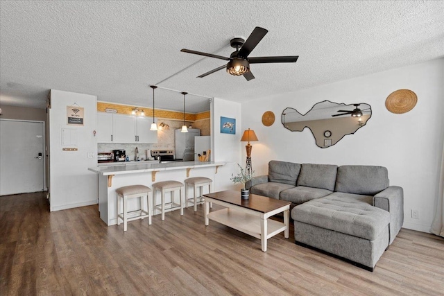 1993 S Kihei Rd Unit 308, Kihei, HI 96753 - living area featuring light wood-style flooring, a ceiling fan, and a textured ceiling
