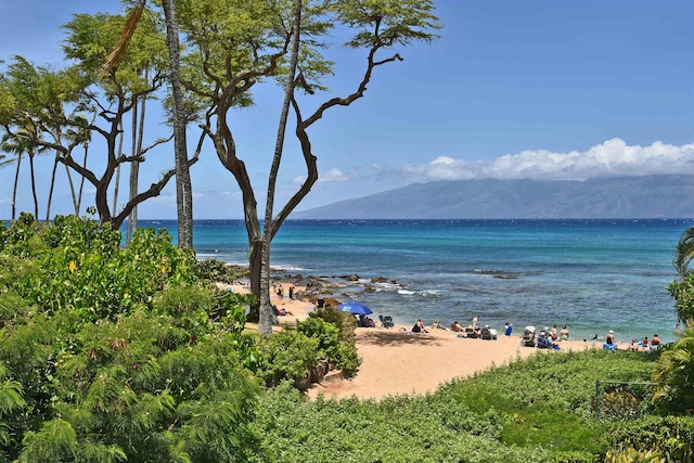 view of water feature featuring a beach view and a mountain view