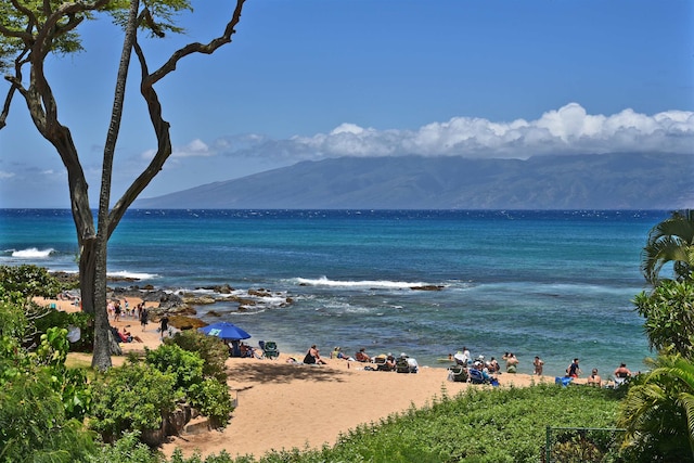 property view of water featuring a beach view and a mountain view