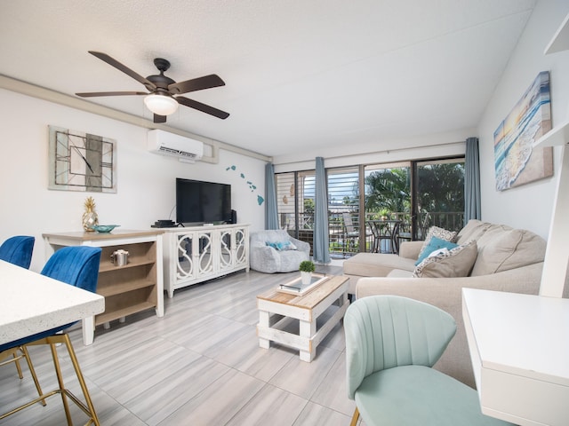 living room with a wall mounted AC and ceiling fan