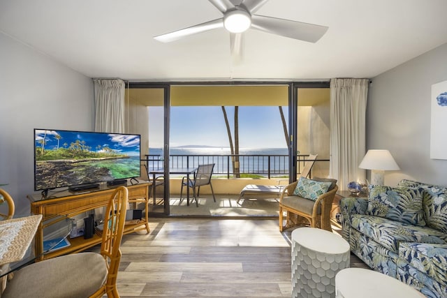 living room with light hardwood / wood-style flooring and ceiling fan