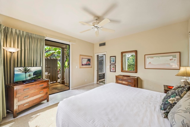 carpeted bedroom featuring access to outside, multiple windows, and ceiling fan