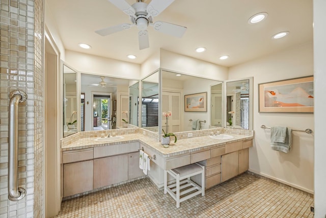 bathroom with vanity, tile patterned floors, and ceiling fan