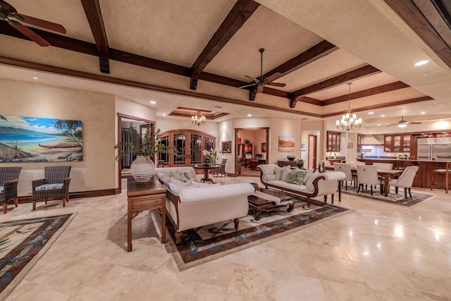 living room featuring a tray ceiling, french doors, beam ceiling, and ceiling fan with notable chandelier