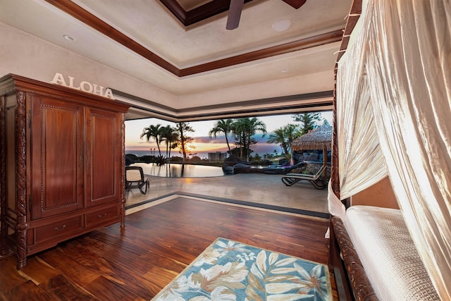 interior space featuring ornamental molding, a raised ceiling, and dark wood-type flooring