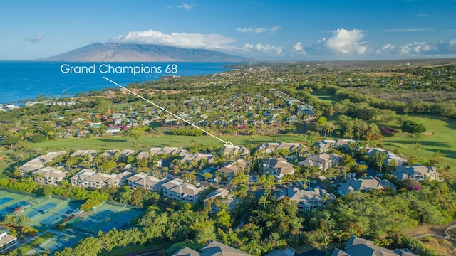 drone / aerial view with a residential view and a water and mountain view