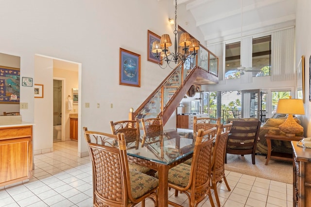 tiled dining space featuring beam ceiling, high vaulted ceiling, and an inviting chandelier