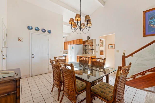 tiled dining space with beam ceiling, high vaulted ceiling, and a chandelier