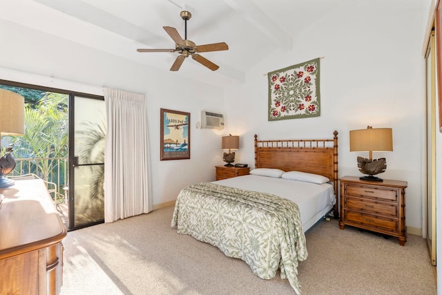 carpeted bedroom with ceiling fan, lofted ceiling with beams, and a wall unit AC