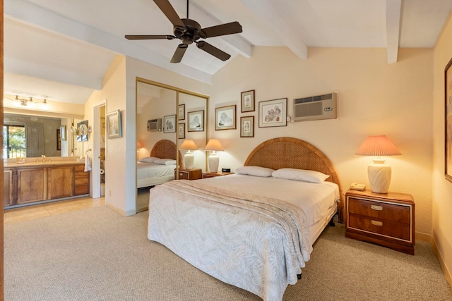 bedroom featuring a wall mounted air conditioner, ceiling fan, light colored carpet, and a closet