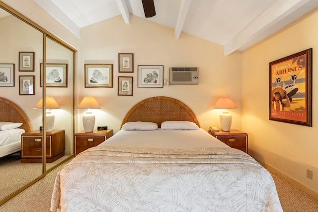 bedroom featuring carpet flooring, ceiling fan, a wall mounted air conditioner, vaulted ceiling with beams, and a closet