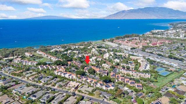 bird's eye view with a water and mountain view