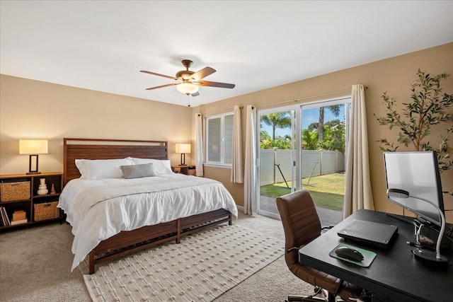 bedroom with access to outside, light carpet, and ceiling fan