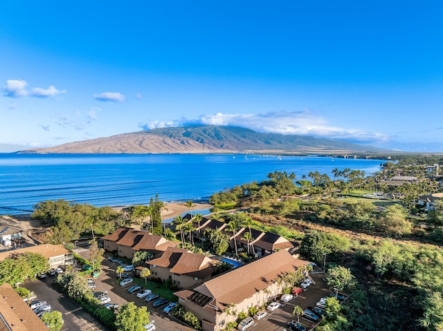 drone / aerial view with a water and mountain view