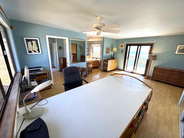 office featuring ceiling fan and light hardwood / wood-style floors