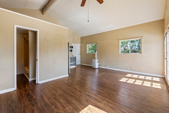 232 N Opio Pl Unit 232N, Opio Pl, Kihei, HI 96753 - unfurnished living room with ceiling fan, wood finished floors, beamed ceiling, and high vaulted ceiling