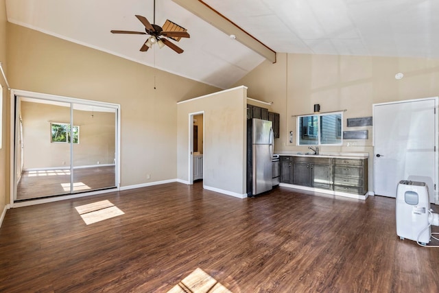 232 N Opio Pl Unit 232N, Opio Pl, Kihei, HI 96753 - unfurnished living room featuring high vaulted ceiling, ceiling fan, dark wood-type flooring, and beamed ceiling