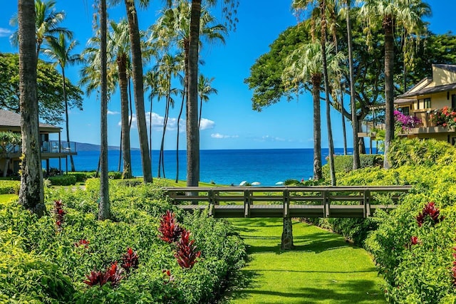 view of property's community with a yard and a water view