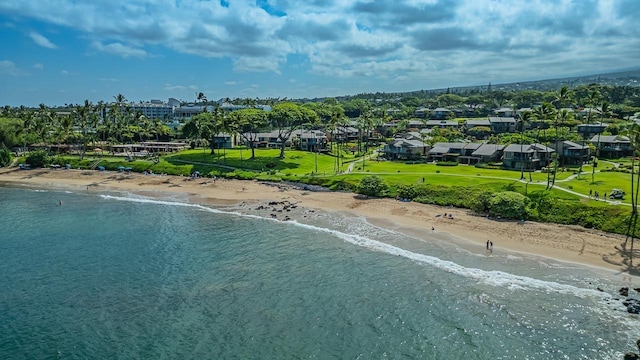 bird's eye view with a beach view and a water view