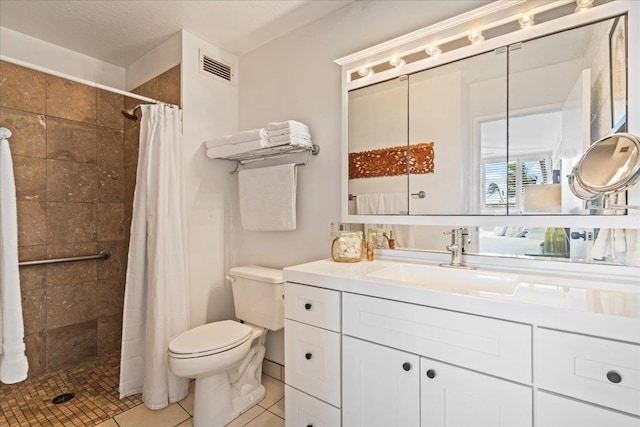 bathroom featuring toilet, tile flooring, vanity with extensive cabinet space, and a shower with shower curtain