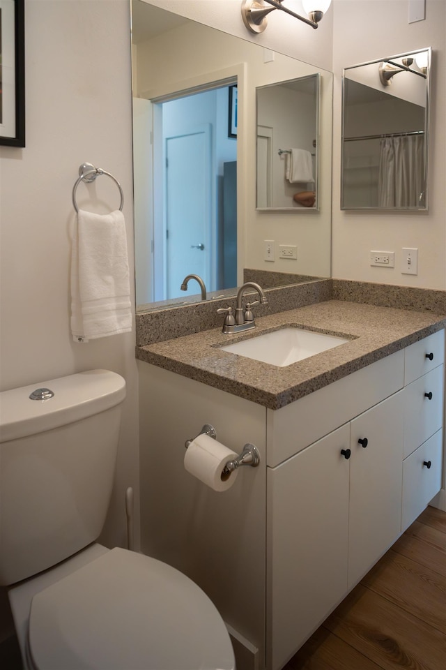 bathroom featuring toilet, vanity, and wood finished floors