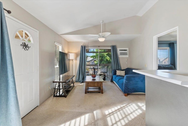 carpeted living room featuring ceiling fan, lofted ceiling, and an AC wall unit