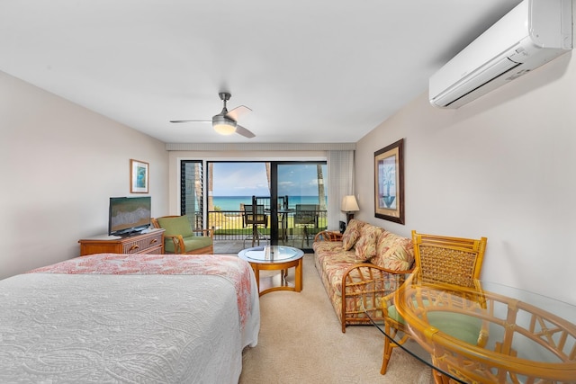 bedroom featuring a wall unit AC, ceiling fan, light carpet, and access to outside