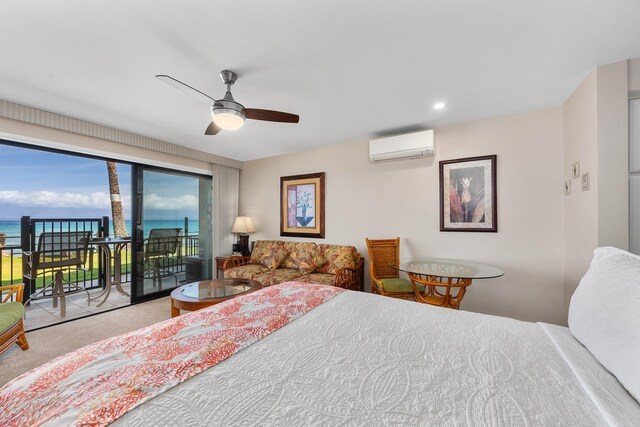 carpeted bedroom featuring access to exterior, a water view, a wall mounted air conditioner, and ceiling fan