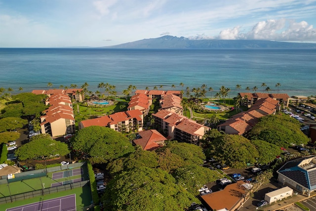 bird's eye view featuring a water and mountain view