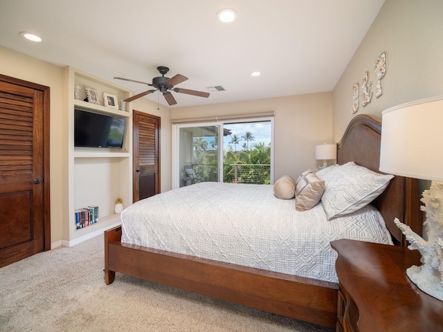 bedroom with ceiling fan, carpet floors, and access to exterior