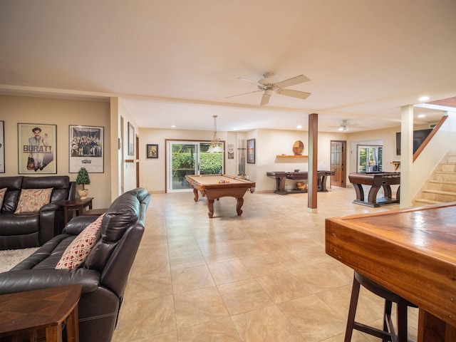 playroom with ceiling fan, light tile patterned floors, and pool table