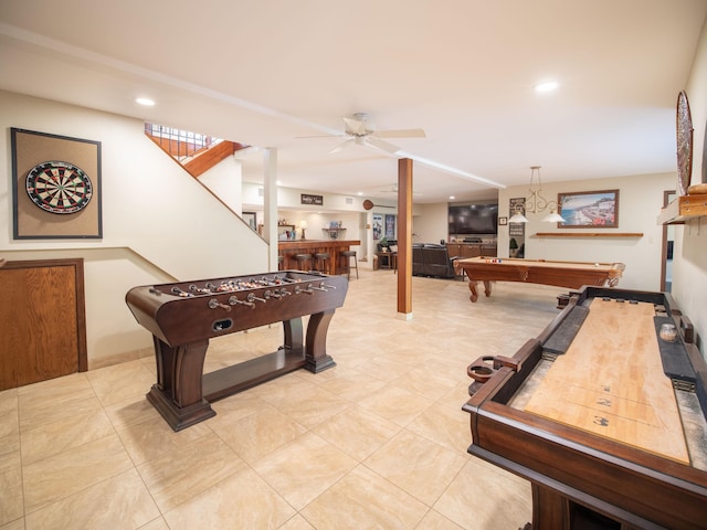 rec room with ceiling fan, billiards, light tile patterned floors, and indoor bar