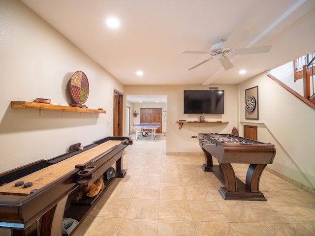 rec room with billiards, light tile patterned floors, and ceiling fan