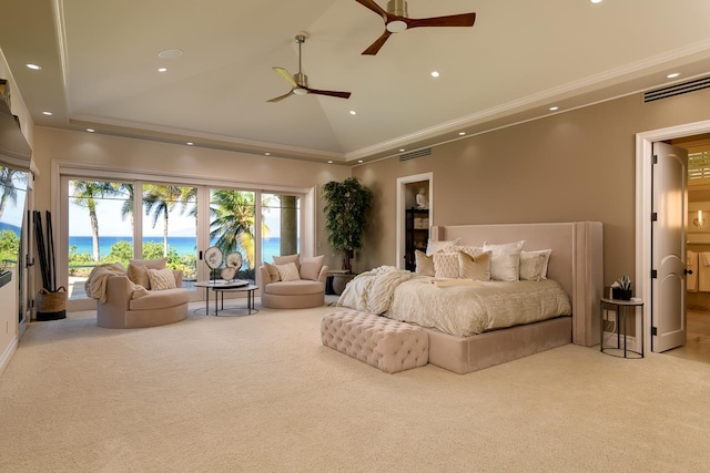 bedroom with ceiling fan, lofted ceiling, and light carpet