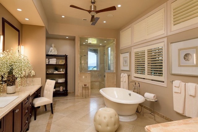 bathroom with independent shower and bath, tile patterned flooring, vanity, and ceiling fan