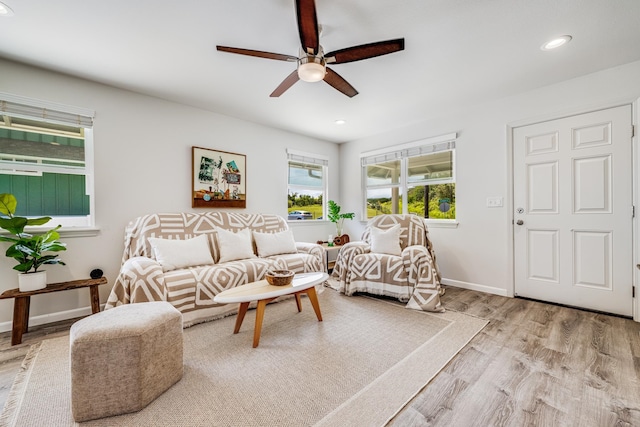 living room with light wood-type flooring and ceiling fan