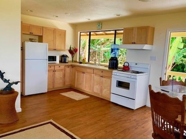 kitchen with light brown cabinetry, ventilation hood, light hardwood / wood-style floors, and white appliances