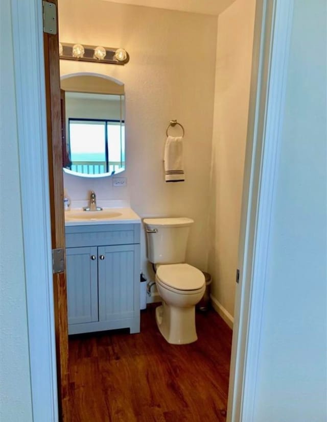 bathroom with vanity, hardwood / wood-style floors, and toilet