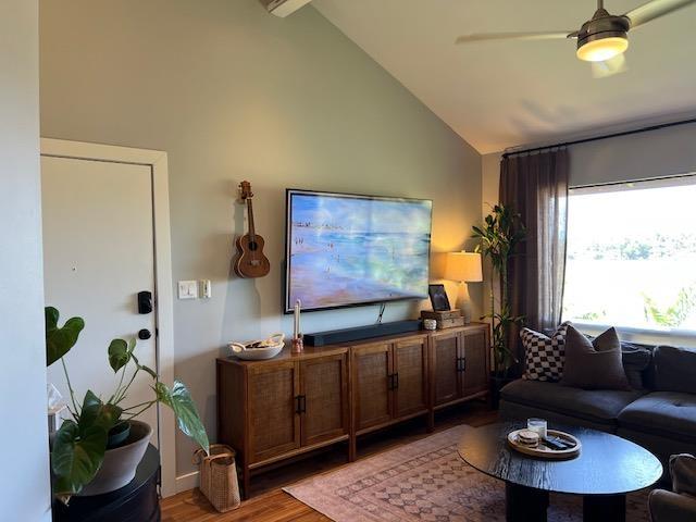 15 Kulanihakoi St Unit 9E, Kihei, HI 96753 - living area with wood finished floors, high vaulted ceiling, and ceiling fan