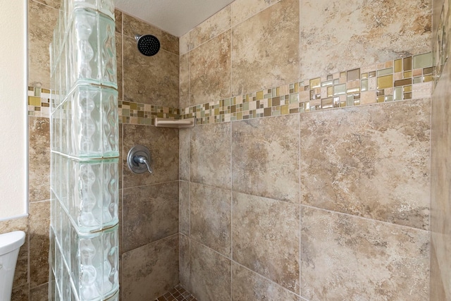 interior details featuring a tile shower and toilet